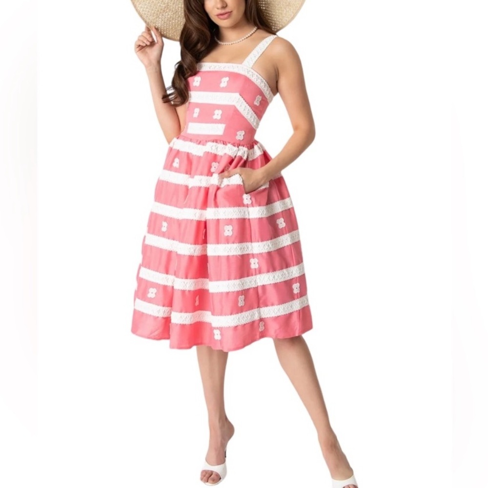 BARBIE x UNIQUE VINTAGE Pink White Retro 60th Anniversary Sun Dress Large 8/10